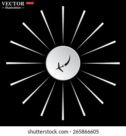 White circle with white rays on a black background.  icon plane. The plane is landing , vector illustration, EPS 10