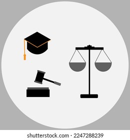 In the white circle, scales are a symbol of justice, a gavel and a judge's headdress.