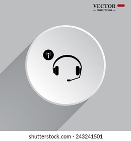 White circle with a shadow. Headphones. Musical accessories running through wi-fi network, gray button with a red stroke, vector illustration, EPS 10