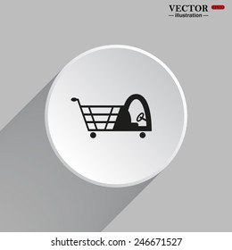 White circle with a shadow on a gray background. Shopping basket with cabin for children, vector illustration, EPS 10