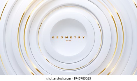 White circle shapes with golden stripes. Abstract geometric background. Vector 3d illustration. Concentric rings backdrop. Elegant cover design