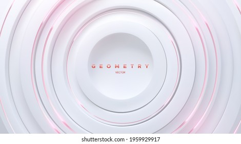White circle shapes with soft pink glossy stripes. Abstract geometric background. Vector 3d illustration. Concentric rings backdrop. Elegant cover design