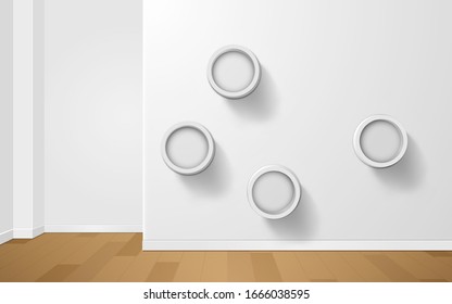 white circle shelf and showcase in the white room
