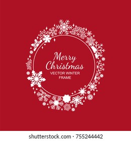 White circle snowflake frame isolated on red background, Christmas design. Vector illustration, merry xmas snow flake framework