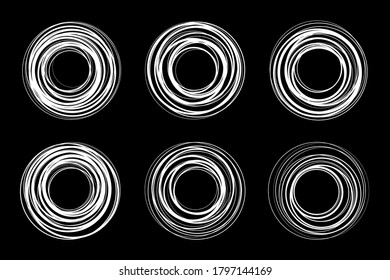 Conjunto de marco de espiral de círculo blanco. Recorrido de línea de grillos. Elementos de diseño de logotipo circular Doodle. Colección de emblemas de Insignia. Conjunto de ilustraciones vectoriales.
