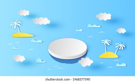 White circle stage podium scene floating in the sea on aerial view. Summer stage podium mockup template. Circle podium scene with sea landscape. paper cut and craft style. vector, illustration.