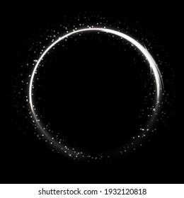 White circle with stars and light on black background. Round electric frame with sparkles. Geometric fashion design vector illustration. Empty minimal ring, abstract art decoration.