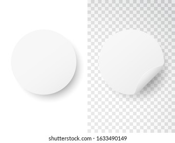 White circle sticker set on transparent and white background. Realistic round stickers with folded edge. Paper label. Sticky note mockup. Vector illustration