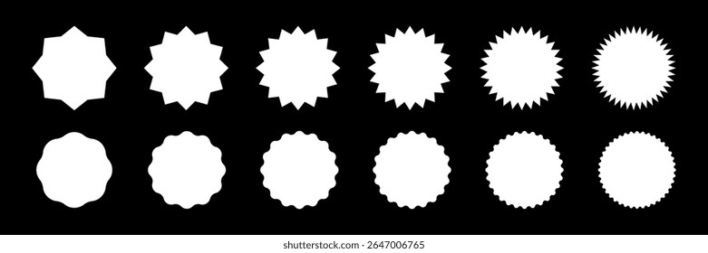 White circle stickers set. Badge, seal silhouettes. Set of circular shapes with zigzag, wavy, and starburst edges. Blank labels for stamps, awards, logos. Graphic vector illustration.