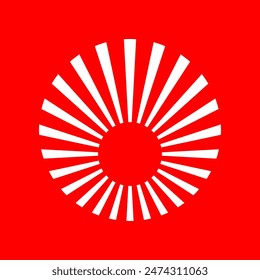 White circle sun with sunlight rays japanese style icon on red background flat vector design