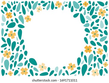 White circle surrounded by light green leaves and yellow flowers