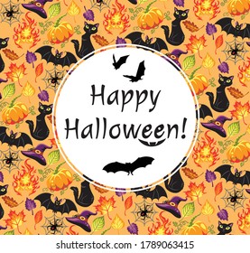 White circle with text and bats on the seamless pattern for Halloween.