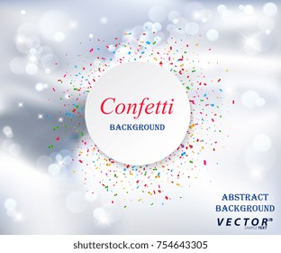 White circle with the text on the brilliant festive background of colorful confetti. Abstract background of geometric shapes. Vector illustration