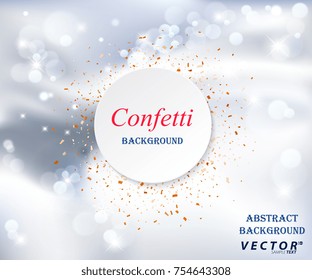 White circle with the text on the brilliant festive background of colorful confetti. Abstract background of geometric shapes. Vector illustration