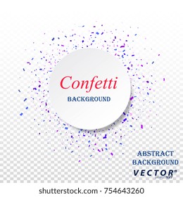 White circle with text on square  background of colorful confetti. Abstract background of geometric shapes. Vector illustration