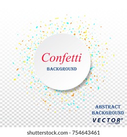 White circle with text on square  background of colorful confetti. Abstract background of geometric shapes. Vector illustration