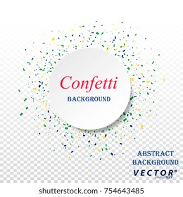 White circle with text on square  background of colorful confetti. Abstract background of geometric shapes. Vector illustration