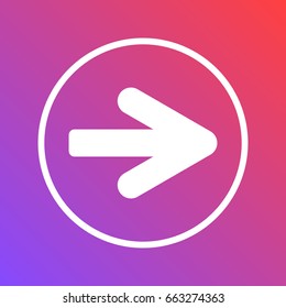 White circled icon on the red-violet background. Right arrow icon with round corners.