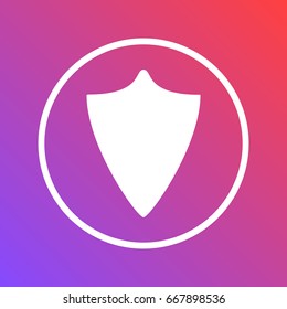 White circled icon on the red-violet background. Icon of guard shield.