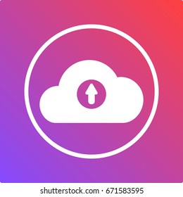 White circled icon on the red-violet background. Icon of cloud with a upload symbol.