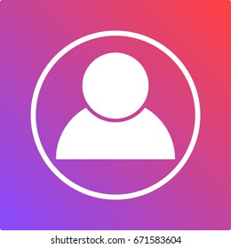 White circled icon on the red-violet background. Icon of user.