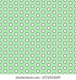 White circles with black outline on green background. Polka dot style simple line outline rings vector fashion design. Seamless fashion texture.