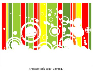 White circles and blots on a background from red, green and yellow strips.