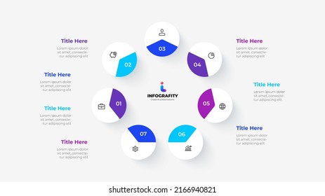 White circles with colored segments in the form of a heptagon. Cycle infographic diagram with 7 options or steps.