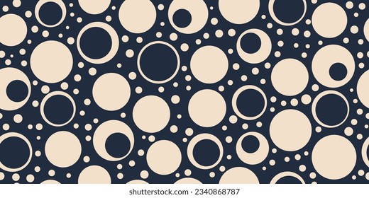 White circles, dark blue circles inside. Two color seamless and stylish illustration of a pattern made of circles. Design for textile, pillows, clothing, background, wrapping, notebooks.