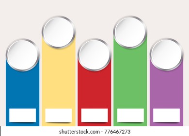 White circles with metallic silver edges and colorful places for iformation text.  5 options, modern template design.