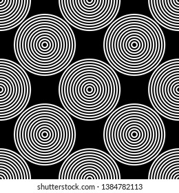 White circles on a black background. Optical illusion. Seamless pattern. Vector drawing. Texture.