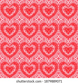 White circles on red background. Red hearts with white rings overlap motley background. Monochromatic vector abstract background. Good for candy wrapper and other prints.