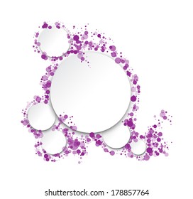 white circles with a paper on the background of purple circles of different sizes and shades of transparency