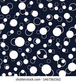White circles, polka dots on dark blue background. Seamless vector pattern. Design for print on fabric in repeat