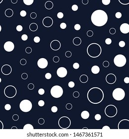 White circles, polka dots on dark blue background. Seamless vector pattern. Design for print on fabric in repeat