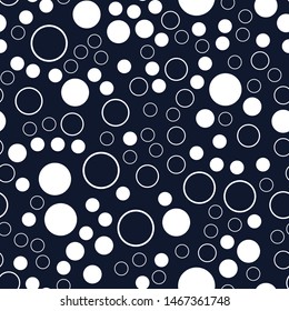 White circles, polka dots on dark blue background. Seamless vector pattern. Design for print on fabric in repeat