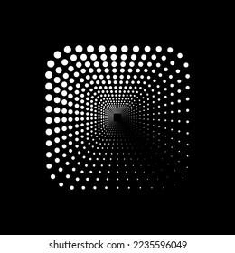 Weiße Kreise, quadratischer Halbton auf schwarzem Hintergrund. Vektorgrafik.