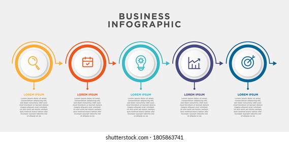 Círculos blancos con líneas delgadas para infografía. Plantilla para presentación de línea de tiempo con 5 pasos o opciones.