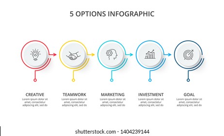 White circles with thin lines for infographic. Template for timeline presentation with 5 steps or options.