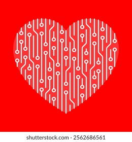White Circuit Board Forming a Heart Shape on Red Background, Representing Love for Technology, Computer Science, and Electronics