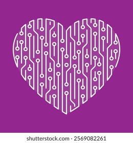 White Circuit Board Forming a Heart Shape on Purple Background, Representing Love for Technology, Computer Science, and Electronics