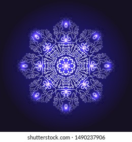 White circular abstract pattern with blue lights isolated on dark background. Magic snowflake. Mandala. Arabesque. Vector illustration