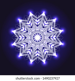 White circular abstract pattern with blue lights isolated on dark background. Magic snowflake. Mandala. Arabesque. Vector illustration