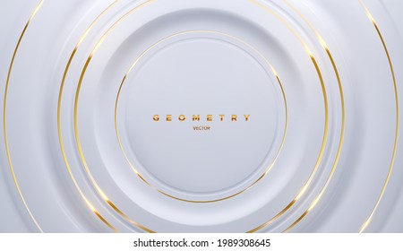 Fondo circular blanco con rayas radiales doradas. Fondo geométrico abstracto. Ilustración vectorial 3d. Formas de anillo concéntrico. Diseño elegante de la cubierta. Fondo de lujo claro