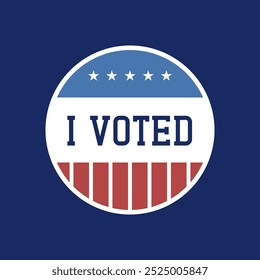 White Circular Badge with Blue Background Featuring I VOTED Text, Red and White Stripe