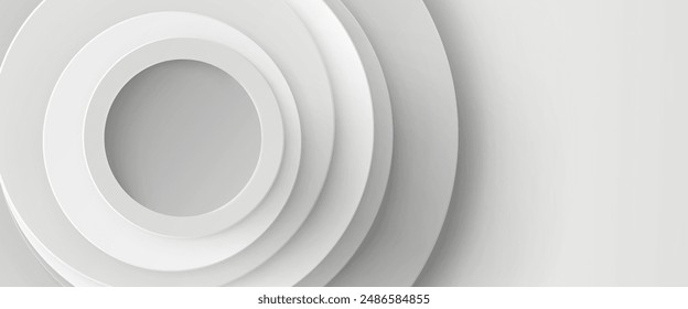 White circular cut paper layers background. Realistic 3d vector illustration bg of layered carton composition of rings, hole and shadow. Abstract gray geometric papercut minimal banner template.