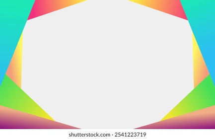 A white circular frame with colorful geometric shapes in a gradient pattern surrounding it.