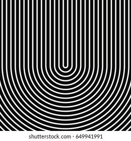 White circular lines on black background. Striped wallpaper. Surface pattern design with symmetrical linear ornament. Stripes motif. Digital paper with curves for page fills, designing, textile print.