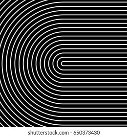 White circular lines on black background. Striped wallpaper. Surface pattern design with symmetrical linear ornament. Stripes motif. Digital paper with curves for page fills, designing, textile print.