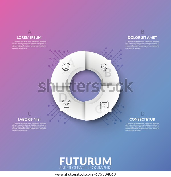 White circular pie chart divided into 4\
sectors with thin line pictograms and arrows pointing at lettered\
text boxes. Concept of pointer. Super clean infographic design\
layout. Vector\
illustration.